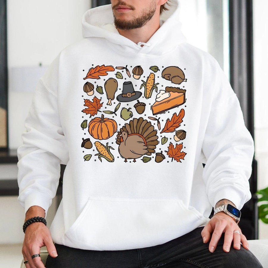 Thanksgiving Hoodie | Cute Fall Doodles Graphic Print | Premium Cotton Blend | Unisex Holiday Gift for Turkey Day Lovers