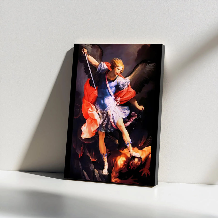 Saint Michael The Archangel Canvas | Religious Art Decor | 1.25 Inch Gallery Wrap | Archangel Michael Fighting Satan Wall Art for Home Office