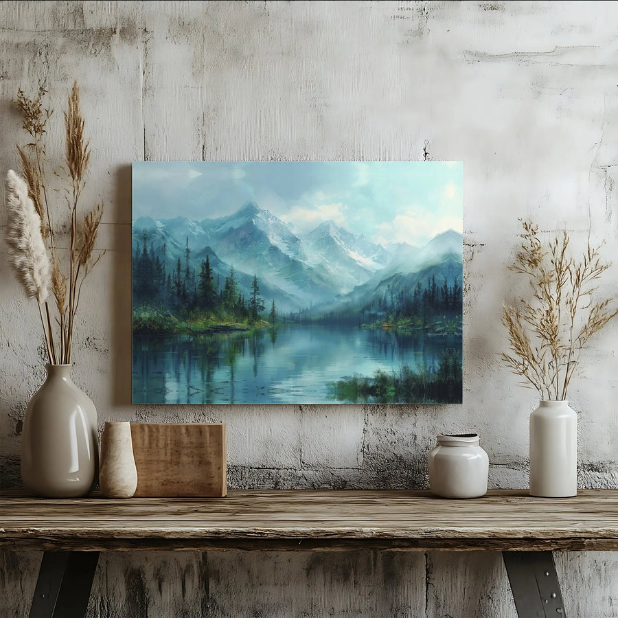 Misty Mountain Lake Canvas Art | Impressionist Pine Forest Landscape | 1.25-Inch Premium Gallery Wrap | Nature Home Decor Wall Print