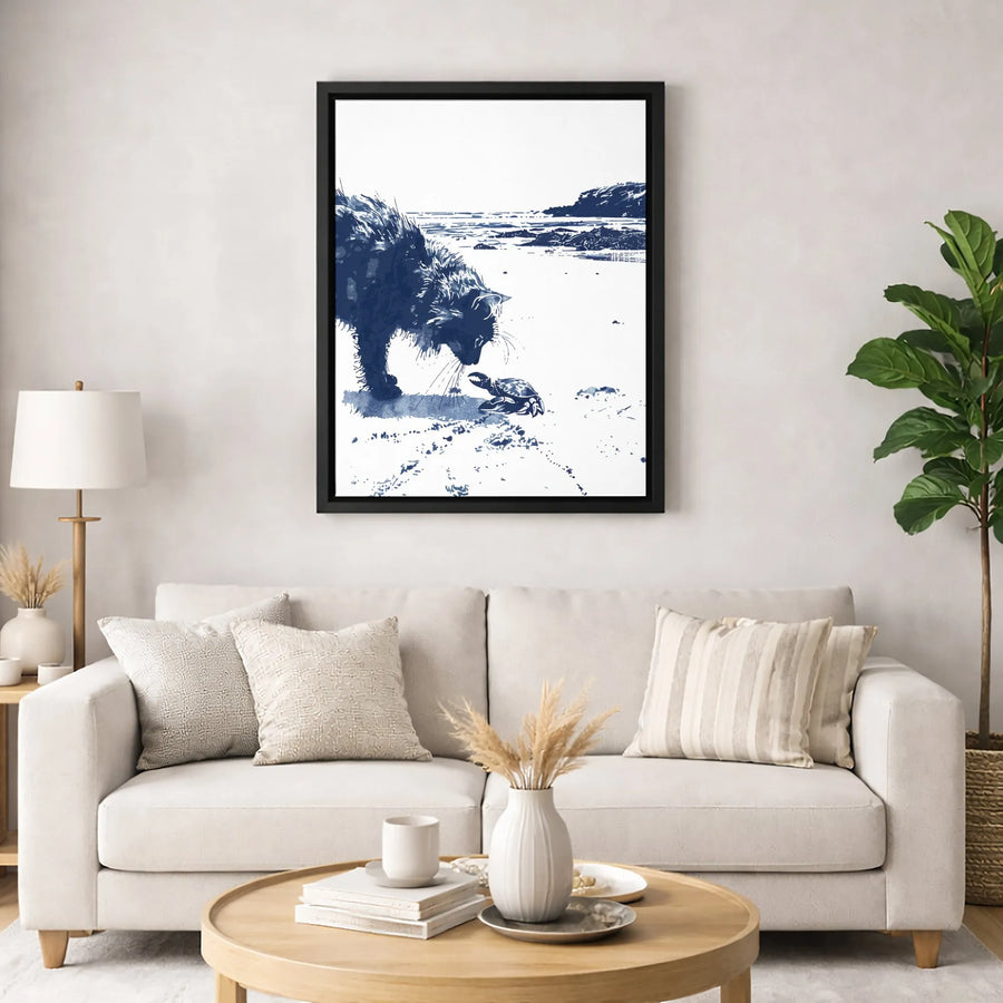 Cat and Crab Beach Canvas Wall Art | Coastal Indigo Sketch Illustration | Premium Gallery Wrap Print | Nature-Inspired Home Decor Gift
