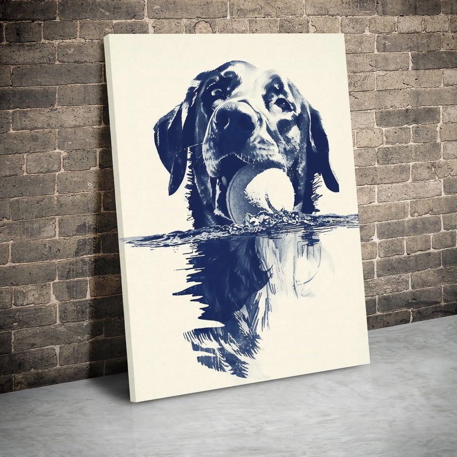 Labrador Retriever Canvas Art | Swimming Dog With Ball Ink Wash Print | 1.25-Inch Gallery Wrap | Premium Pet Lover Wall Decor Gift
