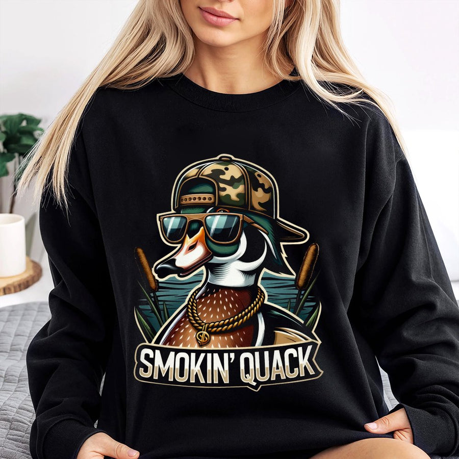 Smokin' Quack Duck Sweatshirt | Funny Hunting Graphic Crewneck | Premium Cotton-Blend Apparel | Gift for Duck Hunter or Waterfowl Lover