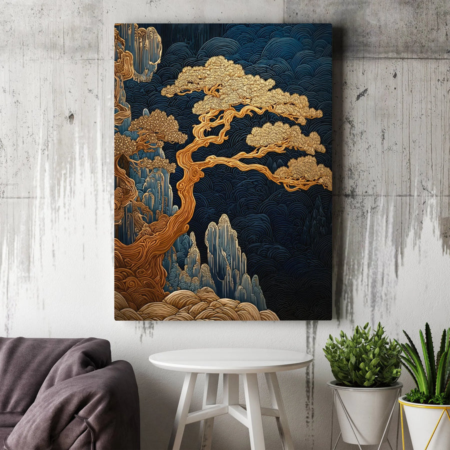 Japanese Bonsai Canvas Wall Art | Golden Tree and Mountain Landscape | Premium 1.25" Gallery Wrap | Zen Home Decor Office Gift