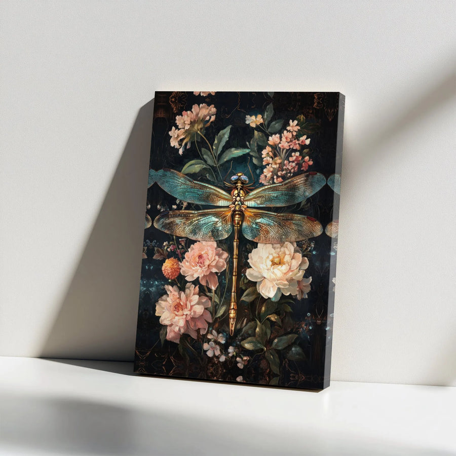 Dragonfly Canvas Wall Art | Moody Dark Floral Peonies Painting | Gallery Wrapped Premium Print | Boho Home Decor Gift for Her