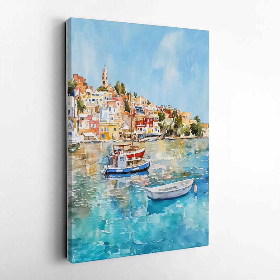 Mediterranean Harbor Canvas Art | Watercolor Painting of Coastal Town | Premium Thick Canvas Print | Travel Lover Wall Decor Gift