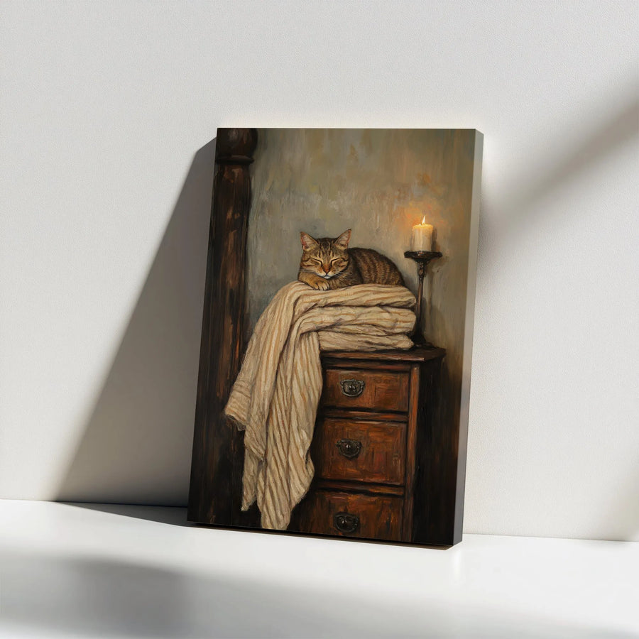 Sleeping Cat Oil Painting Canvas | Cozy Tabby Kitten Art | Premium Gallery Wrap Wall Decor | Farmhouse Bedroom Gift For Cat Lovers