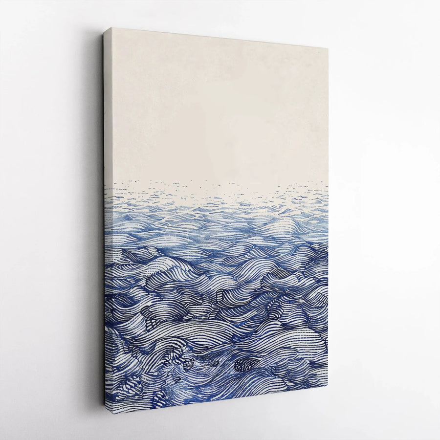 Abstract Ocean Waves Canvas Wall Art | Navy Blue Line Work Print | Premium Gallery Wrap Decor | Modern Coastal Living Room Home Gift