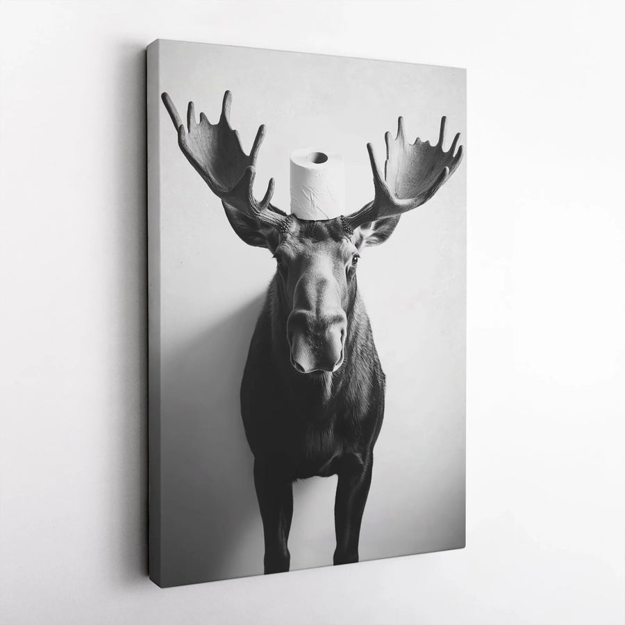 Moose With Toilet Paper Wall Art | Funny Bathroom Decor Print | Premium 1.25-Inch Gallery Canvas | Humorous Farmhouse Gift for Men