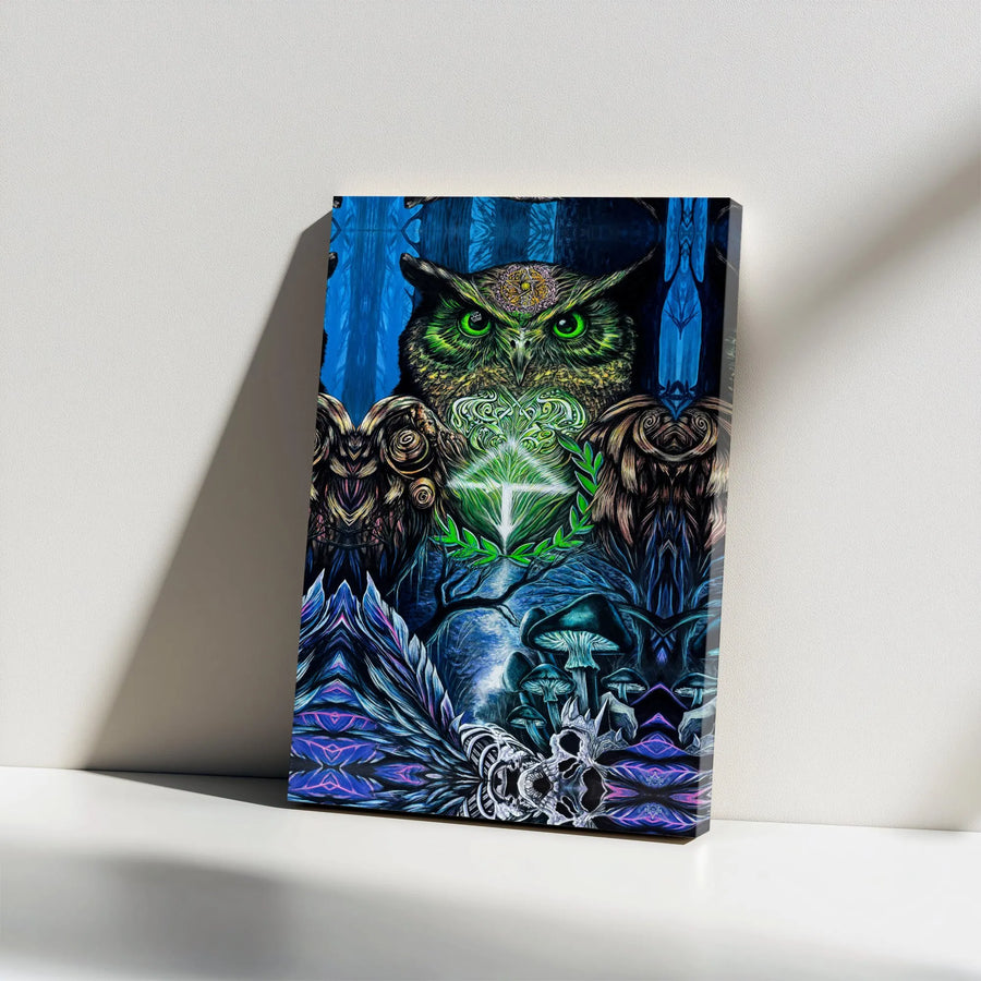 Psychedelic Owl Canvas Wall Art | Trippy Mushroom Skull Print | Premium Gallery Wrapped Canvas | Spiritual Home Decor Gift