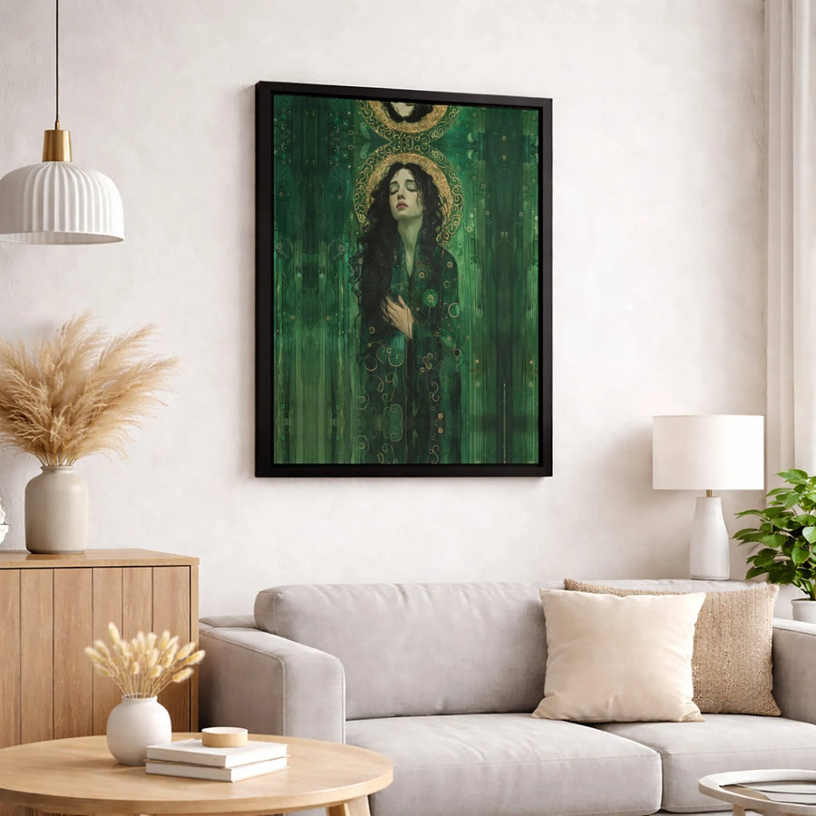 Art Nouveau Woman Wall Art | Serene Green Goddess with Golden Halo | Premium Gallery-Wrapped Canvas | Elegant Gift for Home Decor Enthusiasts