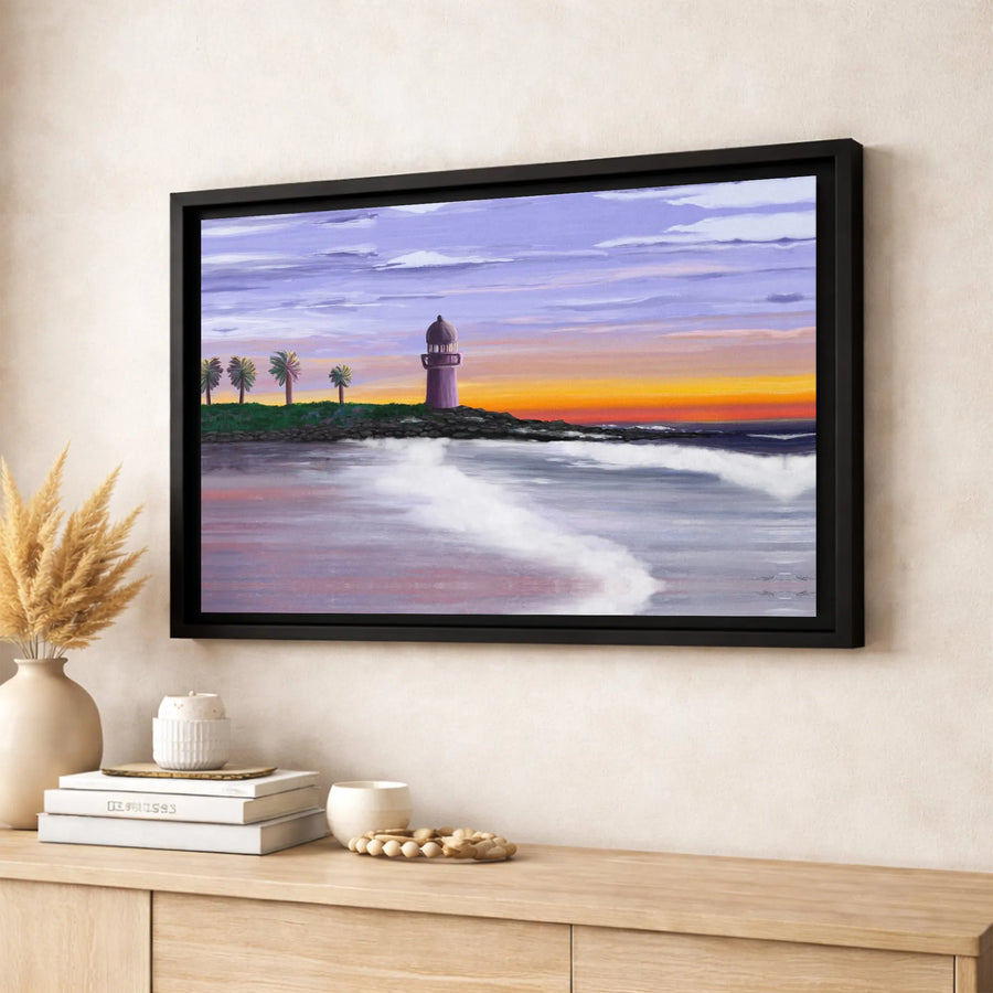 Coastal Lighthouse Canvas Wall Art | Sunset Ocean Palm Trees Painting | 1.25-Inch Gallery Wrap | Nautical Home Decor Gift for Beach Lovers