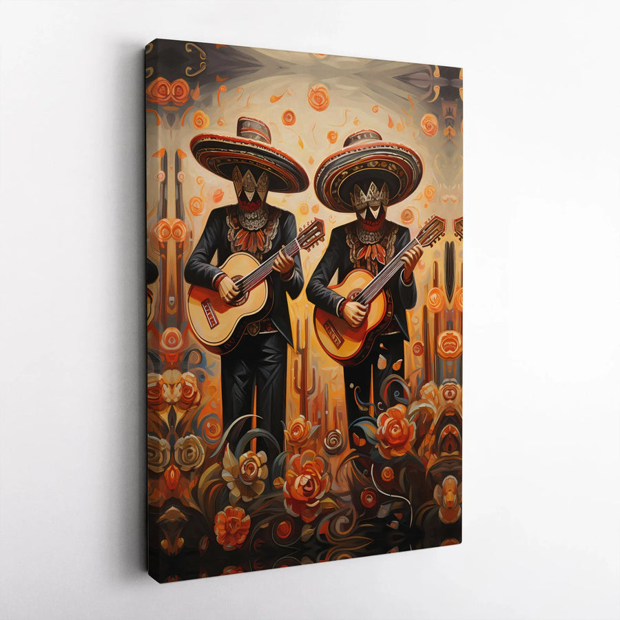 Dia De Los Muertos Mariachi Canvas Art | Skeleton Musicians With Roses | Gallery Quality 1.25 Inch Thick Wrap | Mexican Folk Art Wall Decor