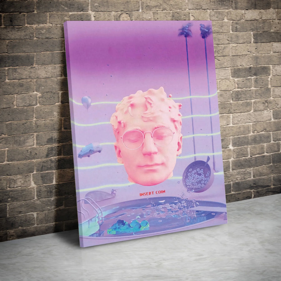 Insert Coin Vaporwave Canvas Print | Surreal Pink Head Retro Art | Premium Gallery Wrapped Decor | Unique Aesthetic Wall Art for Gamers