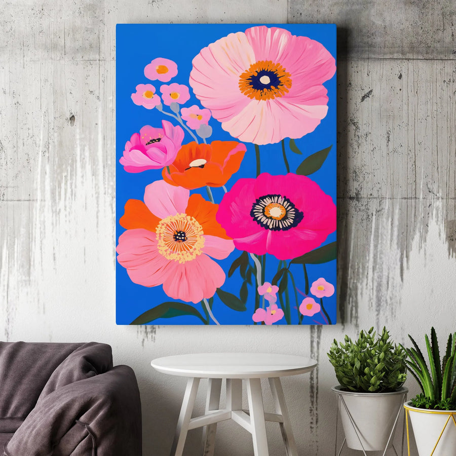 Floral Poppy Canvas Wall Art | Vibrant Pink And Orange Flower Painting | Premium Gallery Wrapped Decor | Modern Botanical Gift For Home