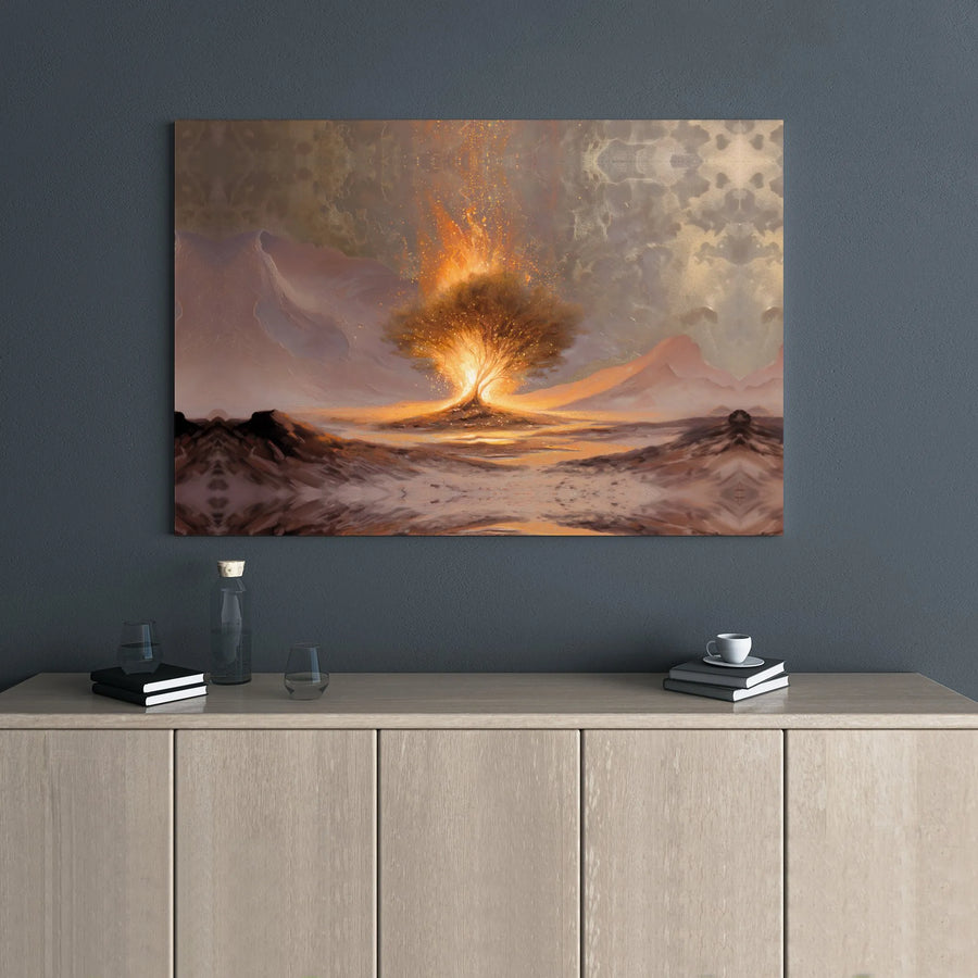 Burning Bush Canvas Wall Art | Surreal Biblical Landscape Painting | Premium Gallery Wrap Print | Religious Home Decor for Living Room