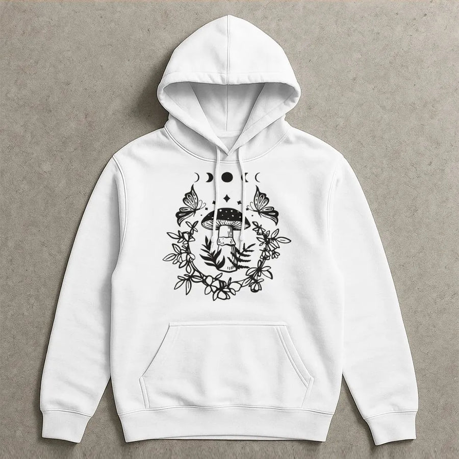 Mushroom Butterfly Hoodie | Cottagecore Botanical Moon Phases Design | Premium Cotton Blend | Aesthetic Nature Lover Gift for Her