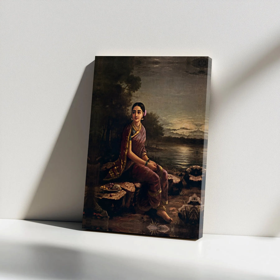 Raja Ravi Varma Radha in the Moonlight Canvas Wall Art | Vintage Hindu Art Print | Premium Gallery Wrapped Canvas | Indian Home Decor Gift