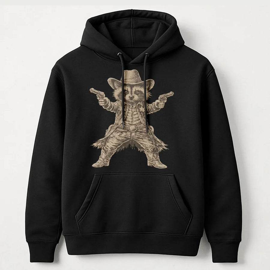 Cowboy Raccoon Hoodie | Retro Western Gunslinger Graphic | Soft Cotton Blend Sweatshirt | Funny Unisex Animal Lover Gift