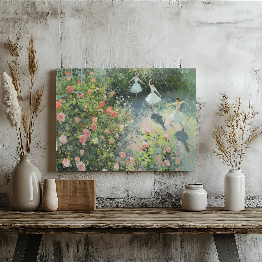 Ballerina Canvas Wall Art | Impressionist Dancers in Rose Garden Painting | Premium Gallery-Wrapped Print | Romantic Home Decor Gift for Dancers