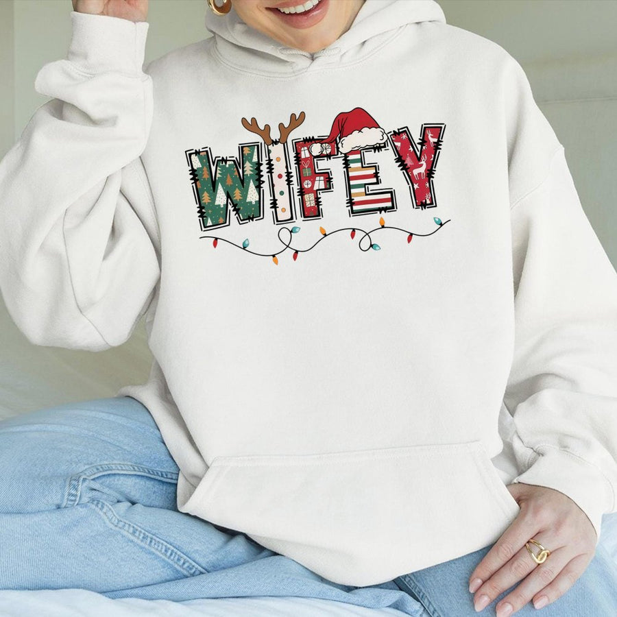 Wifey Christmas Hoodie | Festive Holiday Lights Graphic Print | Premium Cotton-Blend | Perfect Xmas Gift For Her Wife Newlywed