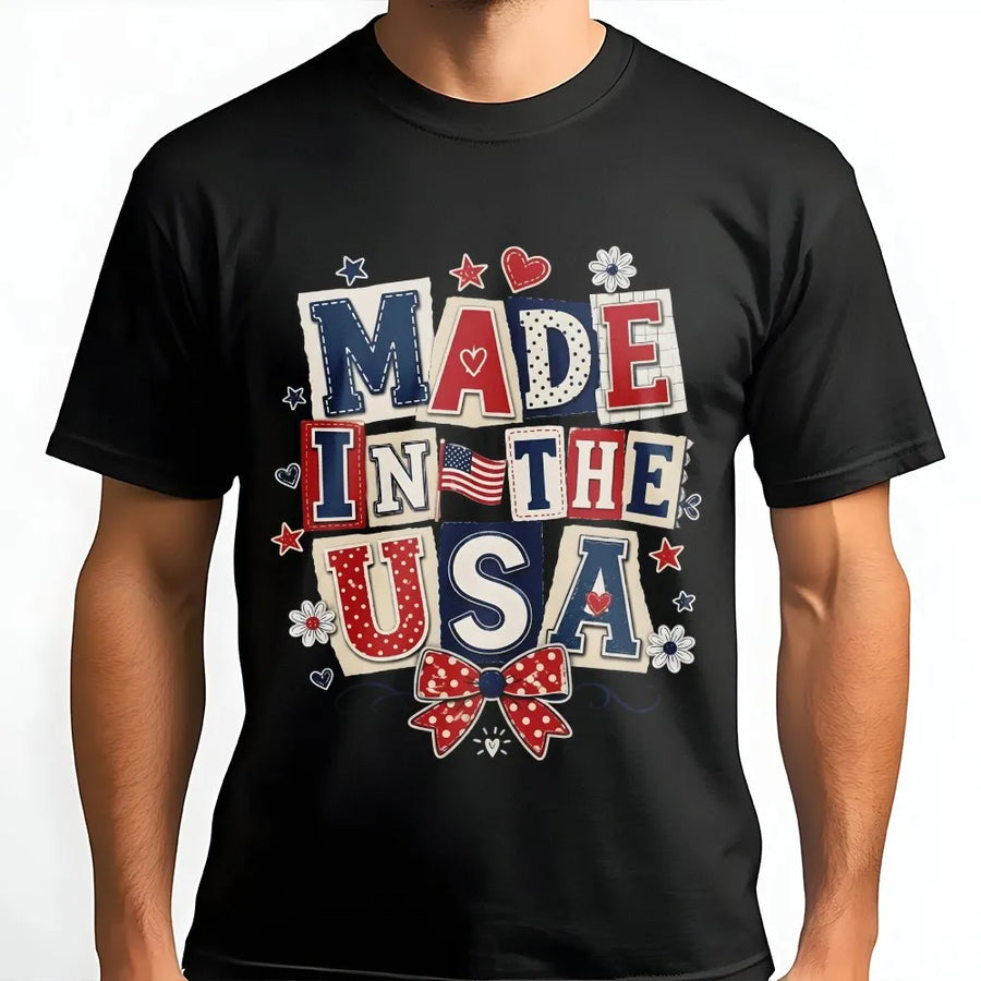 Patriotic USA T-Shirt | Coquette Collage Made in USA Graphic | Premium Cotton Blend | 4th of July Independence Day Gift for Men & Women