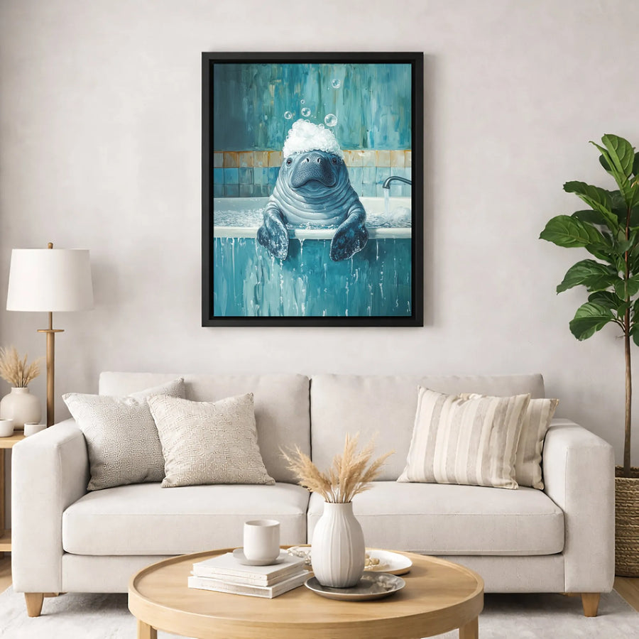Manatee Bubble Bath Wall Art | Whimsical Sea Cow Bathroom Decor | 1.25 Inch Premium Gallery Wrapped Canvas | Unique Ocean Animal Gift for Kids & Home