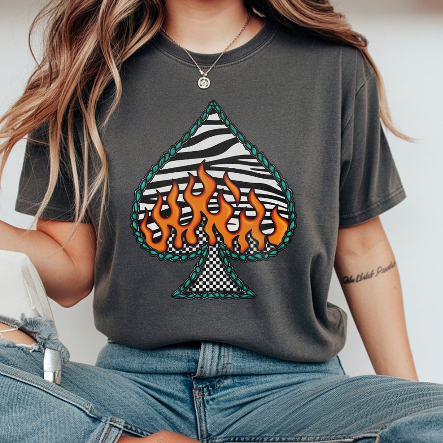 Spade Playing Card Graphic T-Shirt | Retro Zebra Print Fire Design | Premium 100% Cotton Tee | Gift for Western Cowgirl Style Lovers