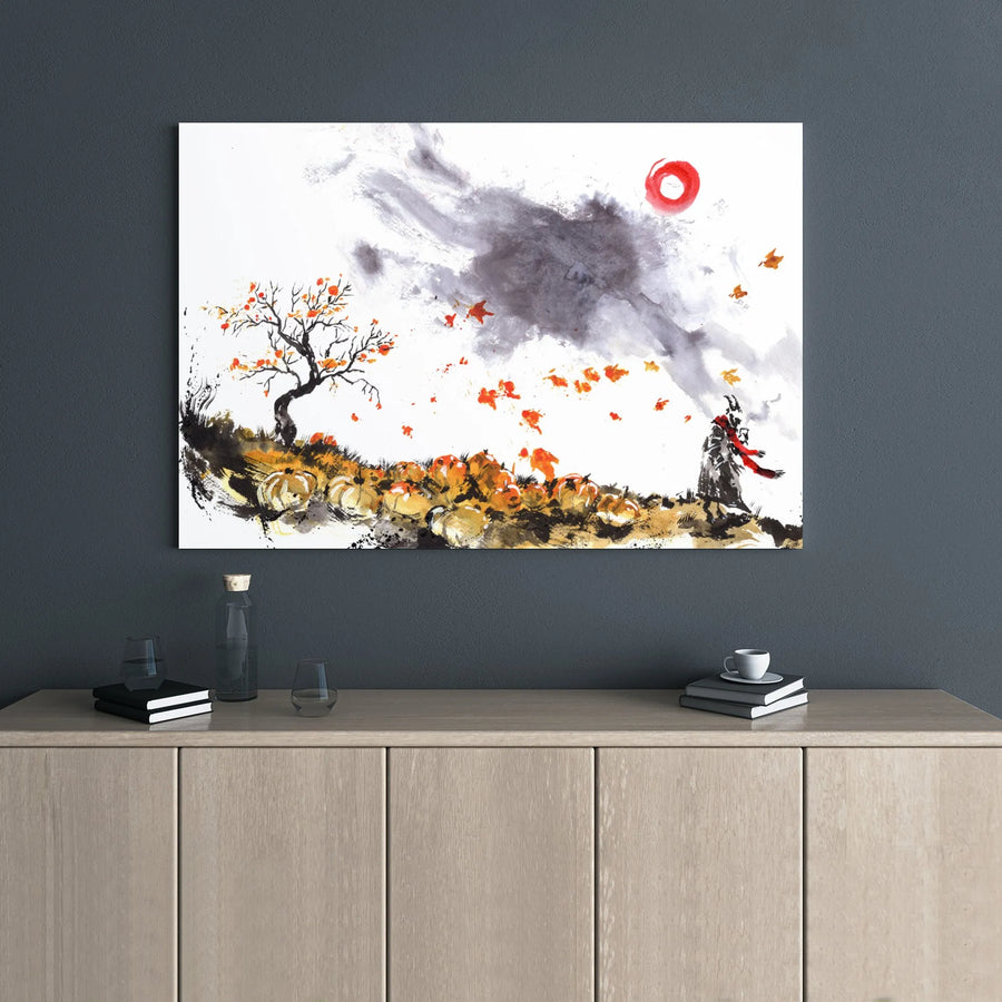 Autumn Pumpkin Patch Canvas Art | Horned Figure Ink Wash Painting | Premium Gallery Wrapped Wall Decor | Atmospheric Fall Seasonal Gift