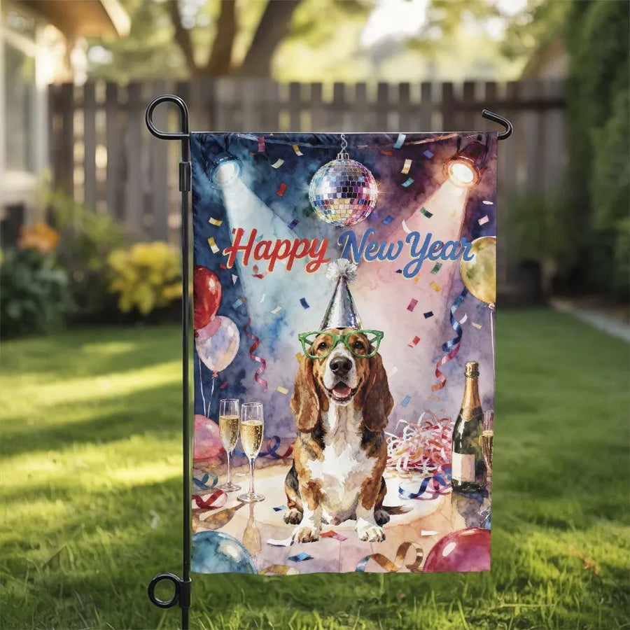 Happy New Year Basset Hound Flag | Funny Party Dog Watercolor Art | Double Sided Polyester | Outdoor Holiday Yard Decor Gift