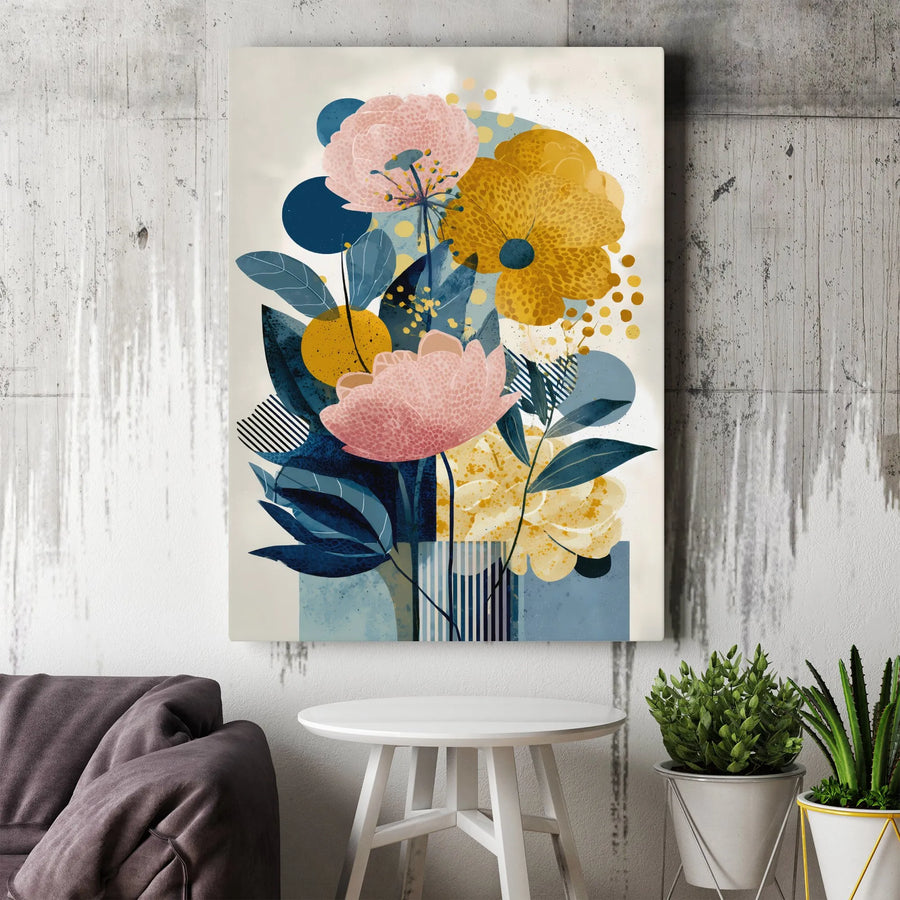 Abstract Floral Vertical Canvas | Geometric Botanical Illustration | Premium Gallery Wrapped Print | Modern Home Decor Gift