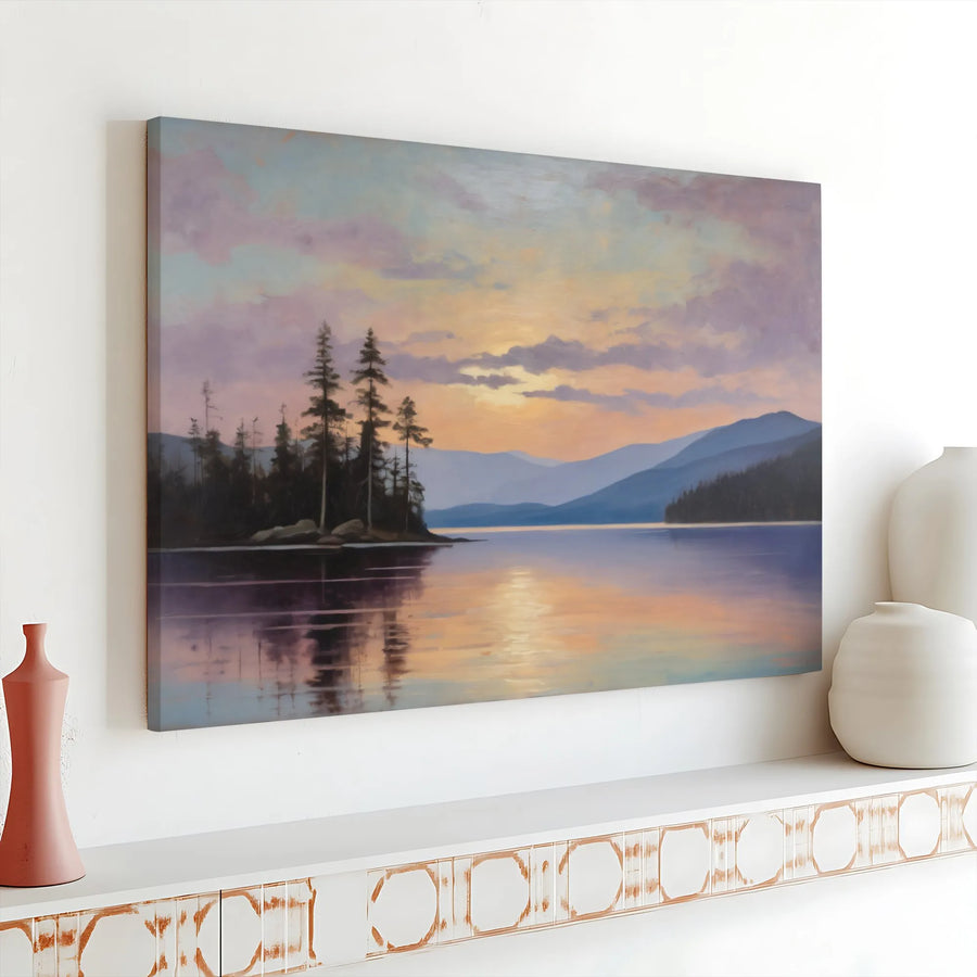 Serene Mountain Lake Canvas Art | Sunset Pine Forest Landscape Painting | Premium Gallery-Wrapped Print | Calming Nature Wall Decor for Home
