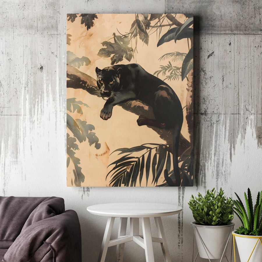 Black Panther Jungle Wall Art | Vintage Tropical Wildlife Canvas Print | 1.25 Inch Gallery Wrap | Exotic Animal Decor for Living Room
