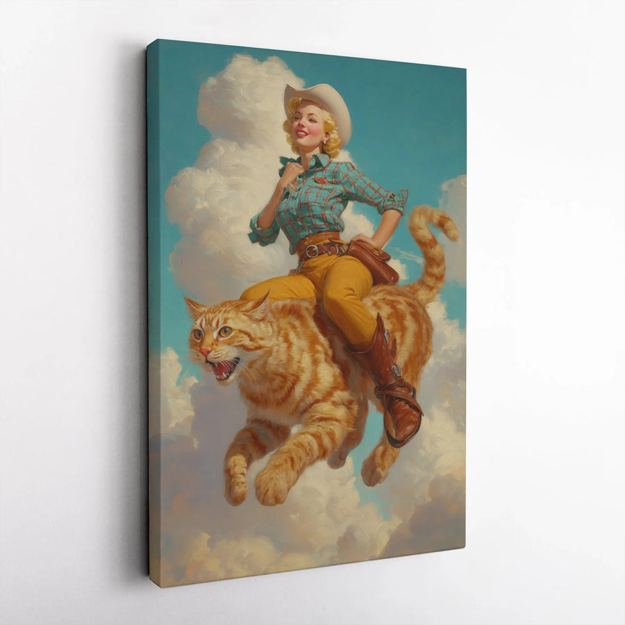 Vintage Cowgirl Riding Cat Canvas Wall Art | Surreal Western Pinup Illustration | Premium Frameless Gallery Canvas | Gift for Western & Cat Lovers