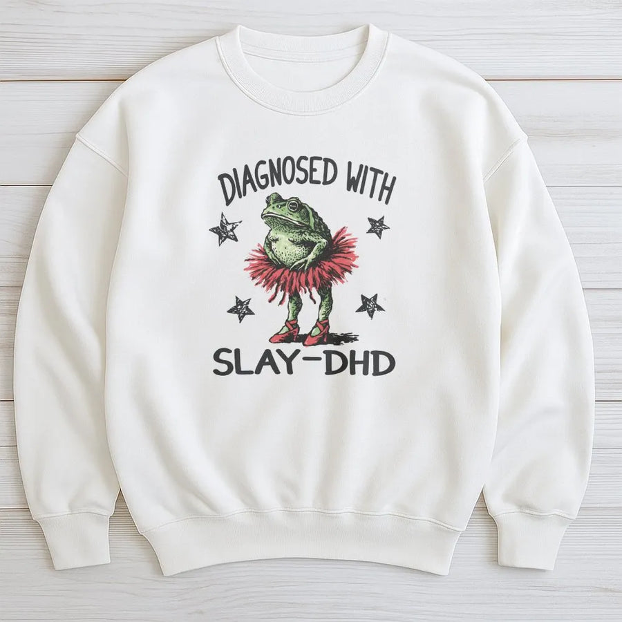 Funny ADHD Frog Sweatshirt | Diagnosed With Slay-DHD Meme Graphic | Premium Comfort Colors Tee | Neurodivergent Awareness Gift