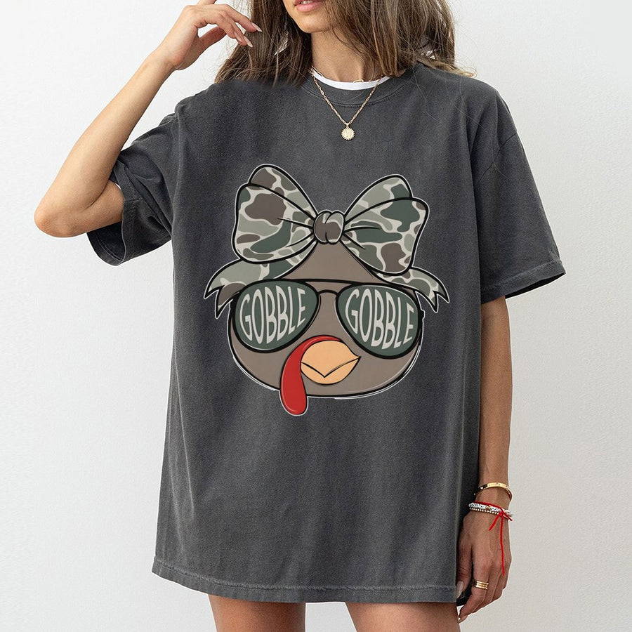 Thanksgiving Turkey T-Shirt | Gobble Gobble Camo Bow Graphic | 100% Cotton Premium Tee | Cute Fall Holiday Gift for Women