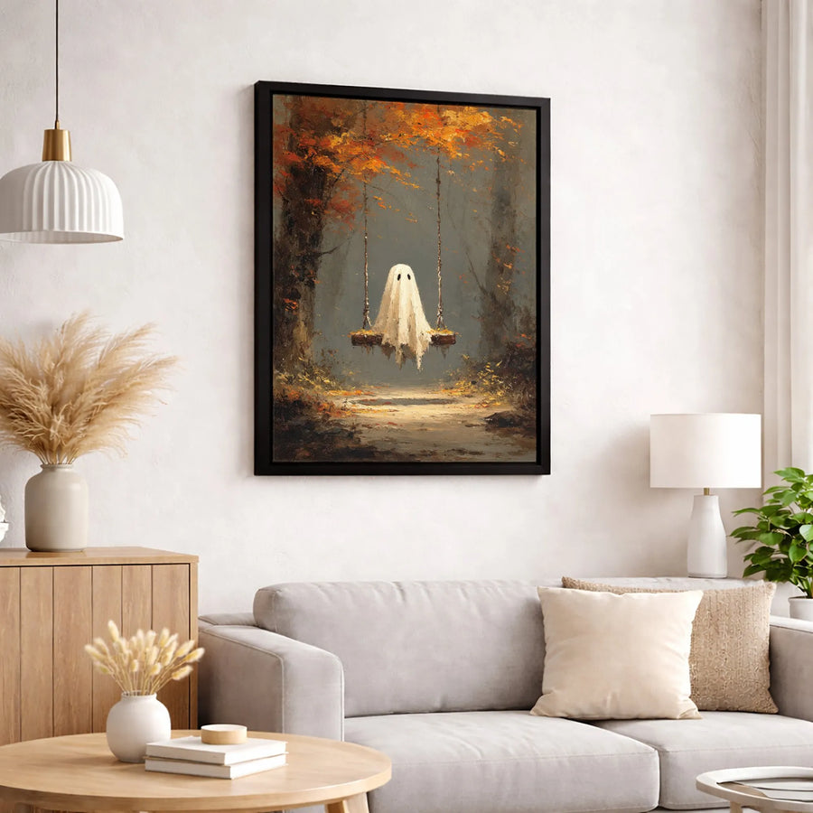 Ghost on a Swing Wall Art | Moody Autumn Forest Oil Painting Style | Premium 1.25" Gallery Wrapped Canvas | Spooky Halloween Home Decor Gift