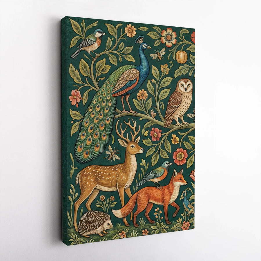Woodland Animals Canvas Print | Vintage Peacock and Deer Forest Art | Premium Gallery Wrapped Wall Decor | Nature-Inspired Home Office Gift
