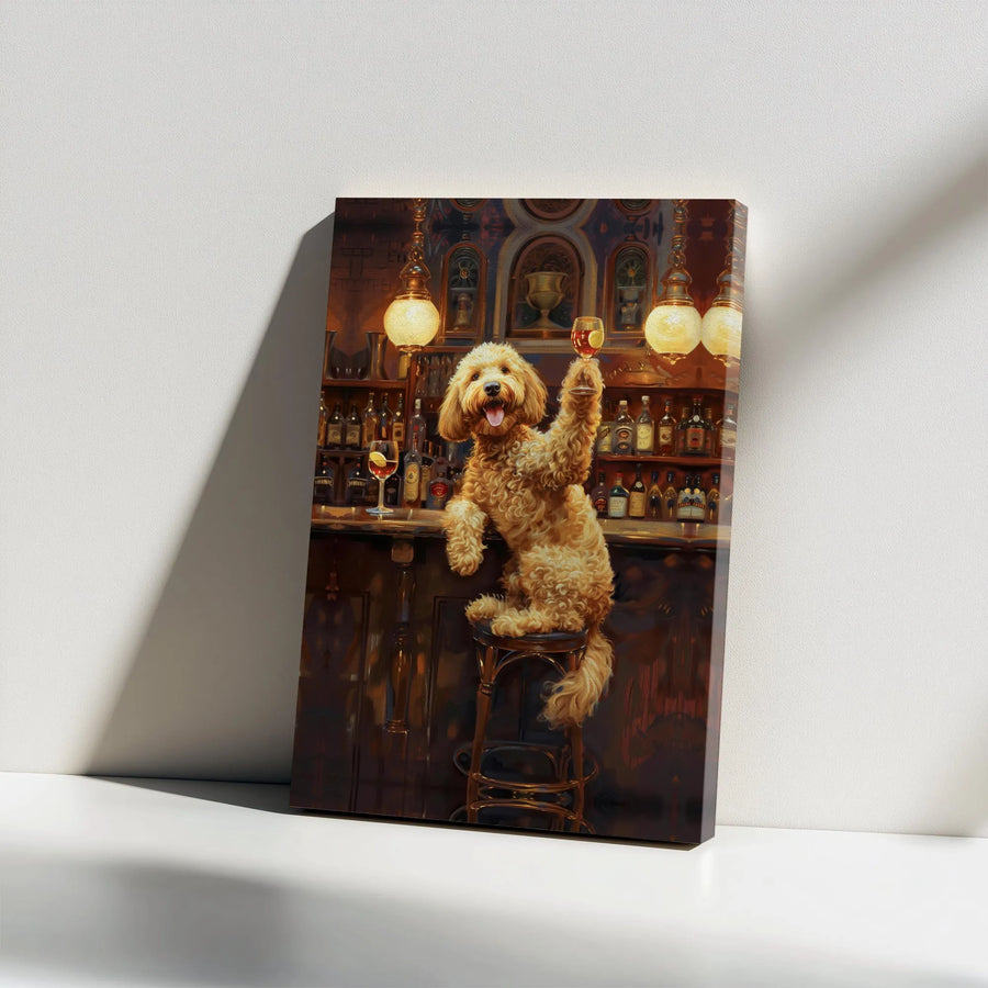 Goldendoodle Dog Canvas Art | Toasting Wine Bar Scene | Premium 1.25" Gallery Wrap | Funny Dog Lover Gift for Home Bar Decor