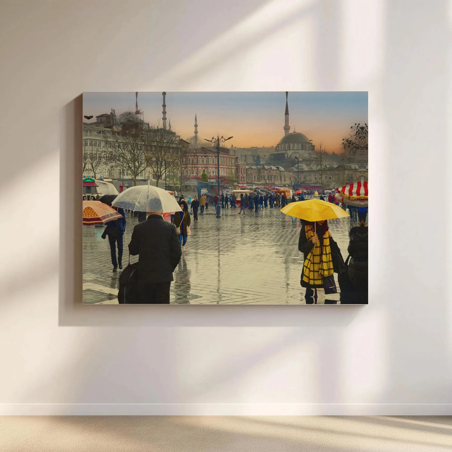 Istanbul City Square Canvas Wall Art | Rainy Street Scene With Umbrellas | Premium Gallery Wrap Print | Travel Home Decor Gift