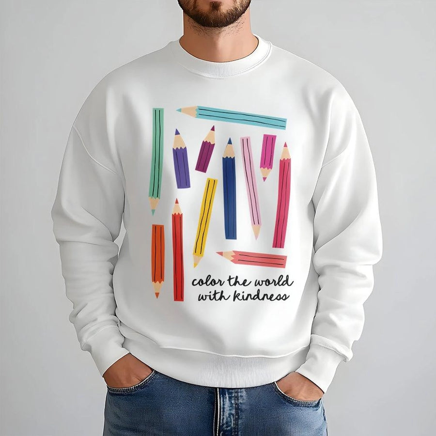 Color The World With Kindness Sweatshirt | Cute Pencil Art Graphic | Premium Cotton Blend Crewneck | Teacher Appreciation Gift For Kindergarten Art Teachers