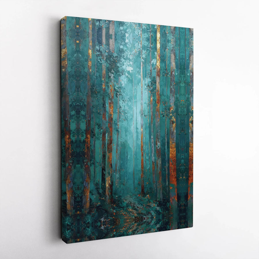 Teal and Gold Forest Canvas Wall Art | Abstract Woodland Painting | Premium 1.25" Gallery Wrap | Modern Home Decor for Living Room Bedroom