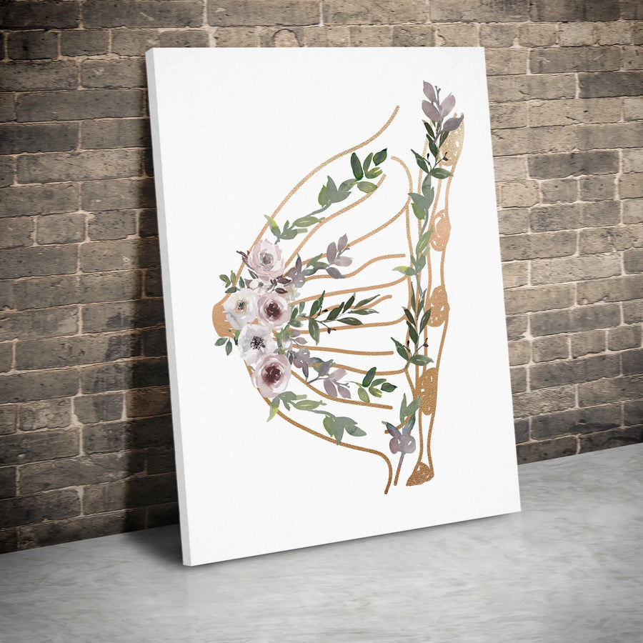 Floral Rib Cage Anatomical Wall Art | Gold Watercolor Botanical Decor | Premium 1.25" Gallery Canvas | Medical Office or Home Gift
