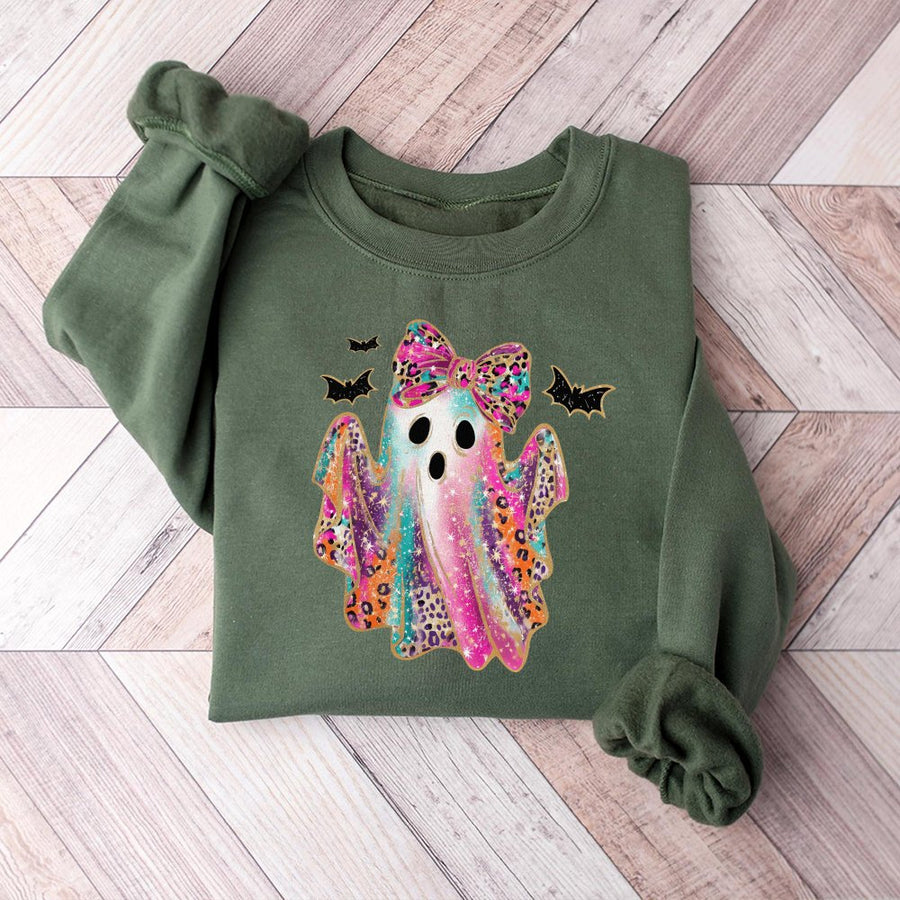Colorful Bow Ghost Sweatshirt | Leopard Print Halloween Graphic | Premium Cotton Blend | Spooky Season Gift For Women