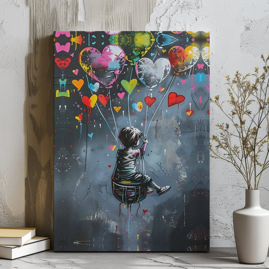 Graffiti Street Art Canvas | Boy Floating with Colorful Heart Balloons | Premium Gallery Wrap 1.25 inch | Modern Home Wall Decor Gift