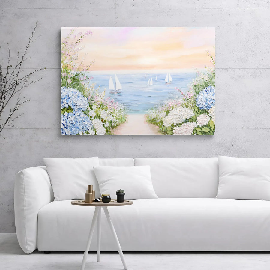 Coastal Seascape Canvas Art | Sailboats and Hydrangea Garden Path | Premium Gallery Wrap Wall Decor | Calming Ocean View for Beach House