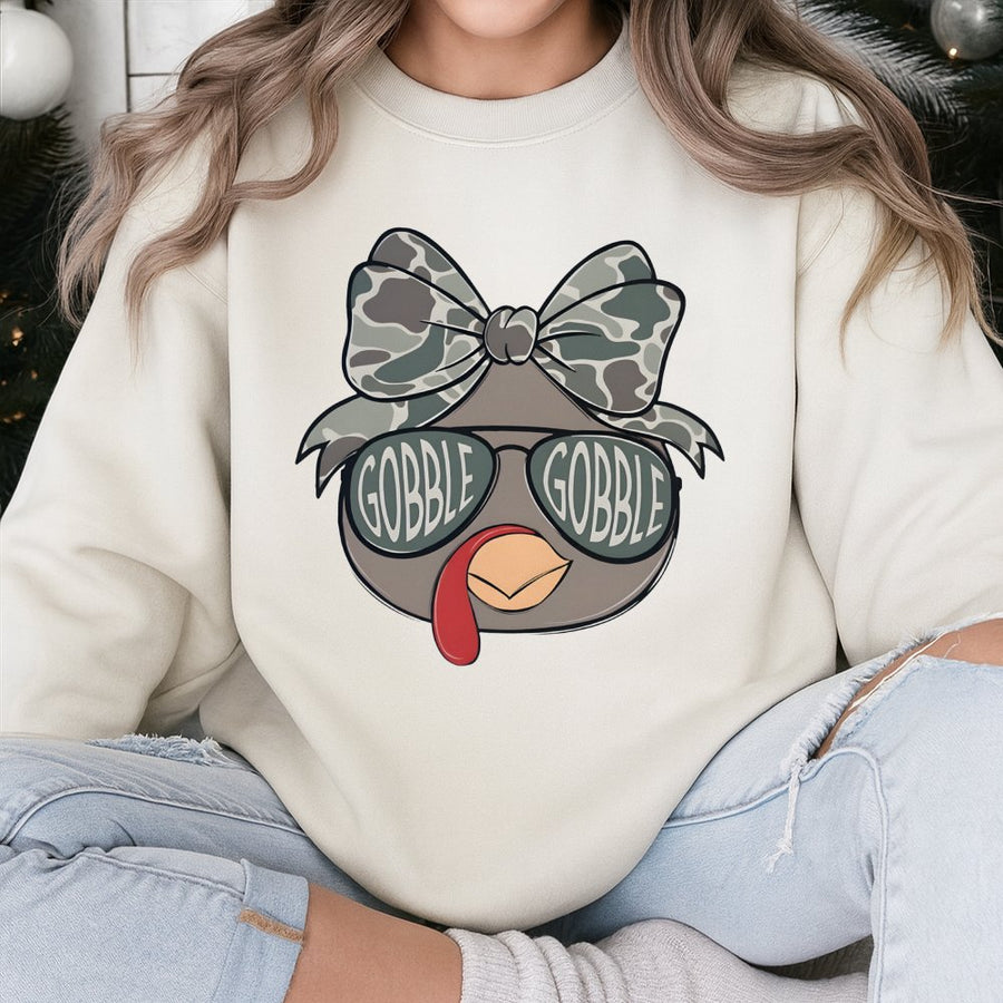 Thanksgiving Turkey Sweatshirt | Funny Camo Coquette Bow Graphic | Premium Soft Blend Crewneck | Cute Holiday Gift For Women