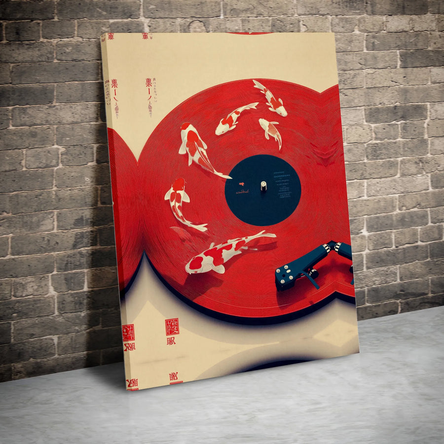 Japanese Koi Fish Vinyl Record Canvas | Ukiyo-e Style Music & Nature Art | Premium Fade-Resistant Print | Unique Home Decor Gift for Audiophile