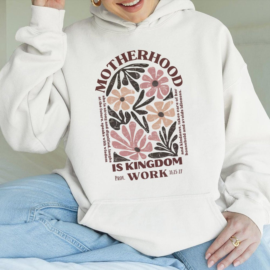 Motherhood Is Kingdom Work Hoodie | Retro Floral Christian Design | Premium Cotton-Blend Fleece | Gift For Christian Mom & Mother's Day 2026
