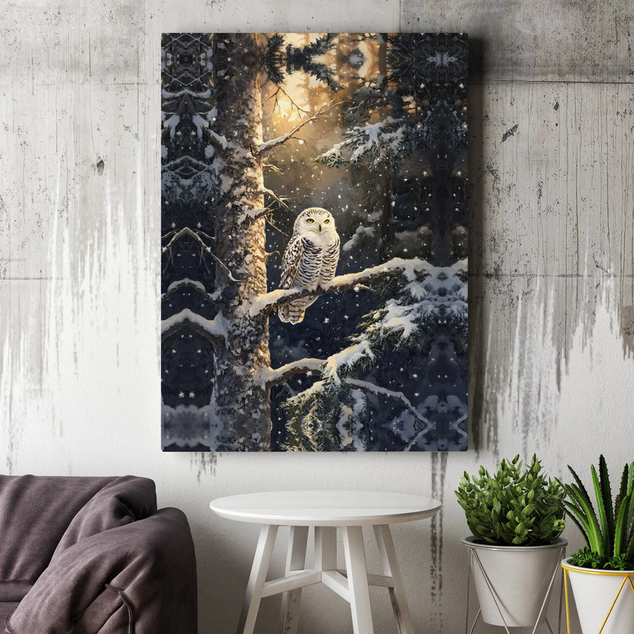 Snowy Owl Canvas Wall Art | Wintry Forest Wildlife Scene | Premium Gallery Wrap Print | Nature Home Decor Gift for Bird Lovers