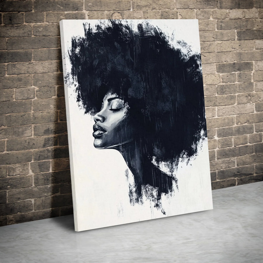 Black Woman Afro Canvas Art | Minimalist Black and White Portrait | Premium Gallery Wrap Wall Decor | Modern Living Room Home Gift